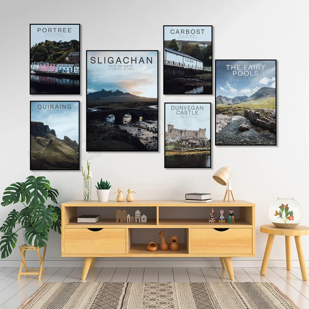Carbost Talisker Castle Dunvegan Fairy Pool Black Carlins Isle of Skye Scottish Highlands принт дорожного плаката Scotland