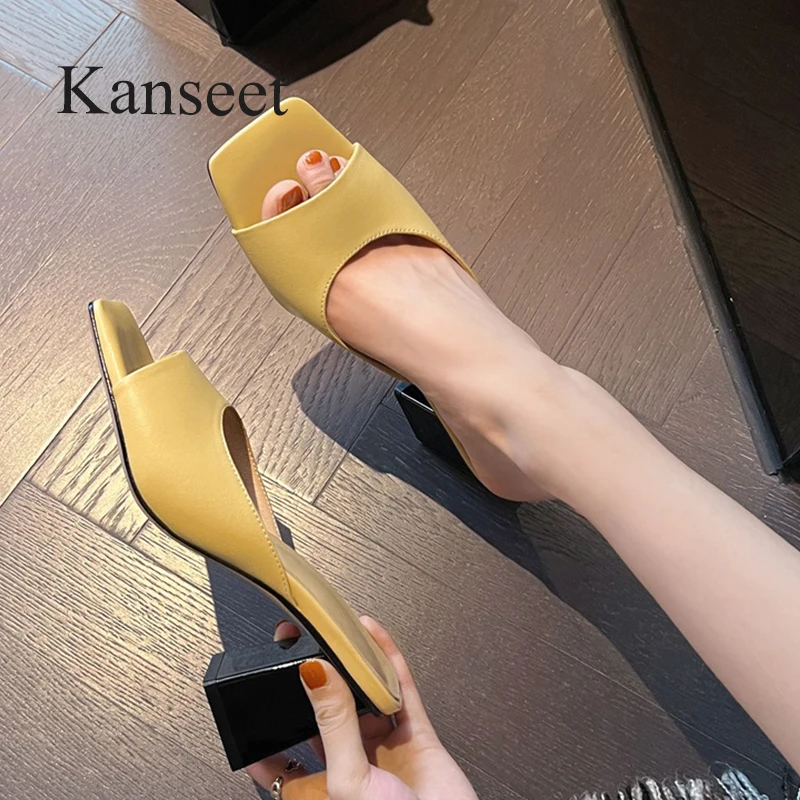 

Женские летние тапочки Kanseet из натуральной кожи, с открытым носком, на высоком каблуке, размер 40, желтые, 2022