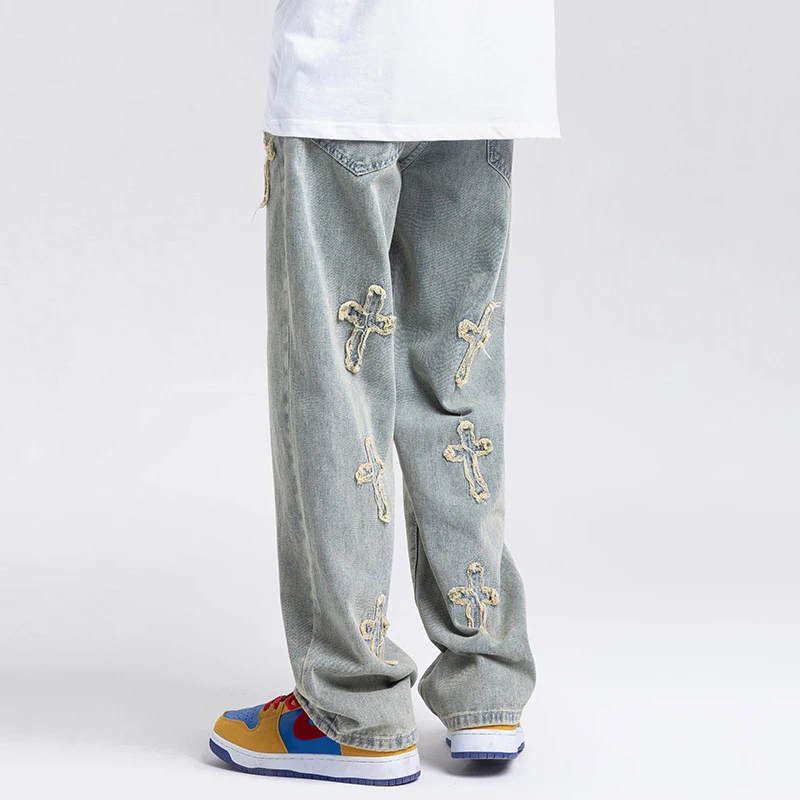 Men Denim Pants Hip Hop Streetwear Harajuku Vintage Cross Denim Pants Cotton Casual Joggers Jeans Harem Pants Trousers Blue