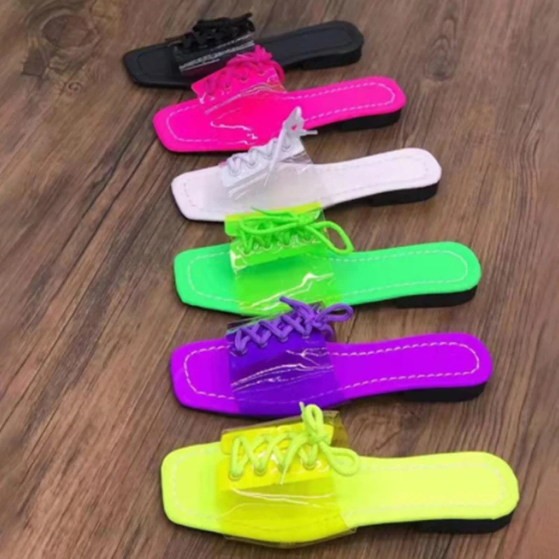 

Summer Women Sandals PVC Jelly Slippers Open Toe Women Slippers Shoes Square-toe Lace-up Slippers For Ladies