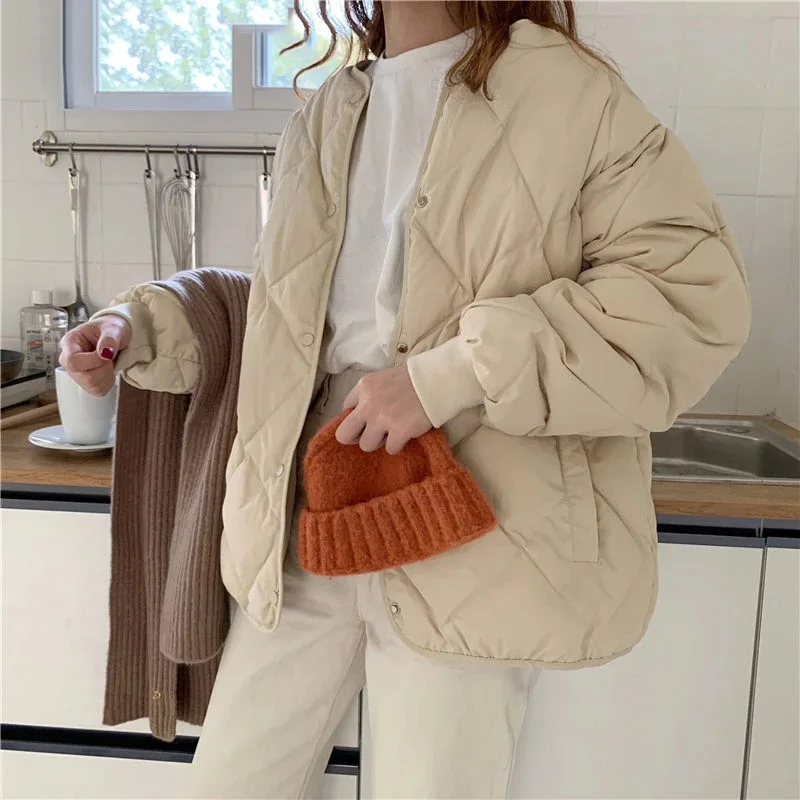 Casual Women's Clothing Winter Ladies 2022 New Fashion Down Cotton Jacket Pure Color Simple Diamond Lattice Warm Cotton Jacket