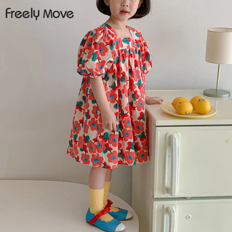 

Freely Move Girls Kids Flower Elegant Causal Dresses Children Clothing Korean Style Short Sleeve Cute Baby Girl Dress