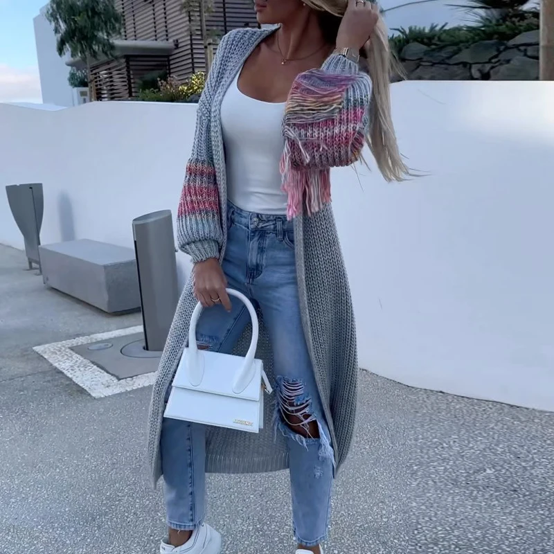 

Casual Tassel Long Sleeve V-Neck Knit Cardigan Women Autumn Fashion Contrast Loose Sweater Jacket Ladies Commuter Jumper Coats
