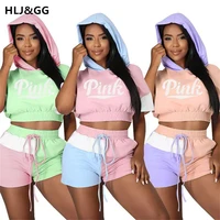 hljgg casual patchwork sweet candy colors two piece sets women pink letter print o neck hooded crop top shorts fashion 2pcs