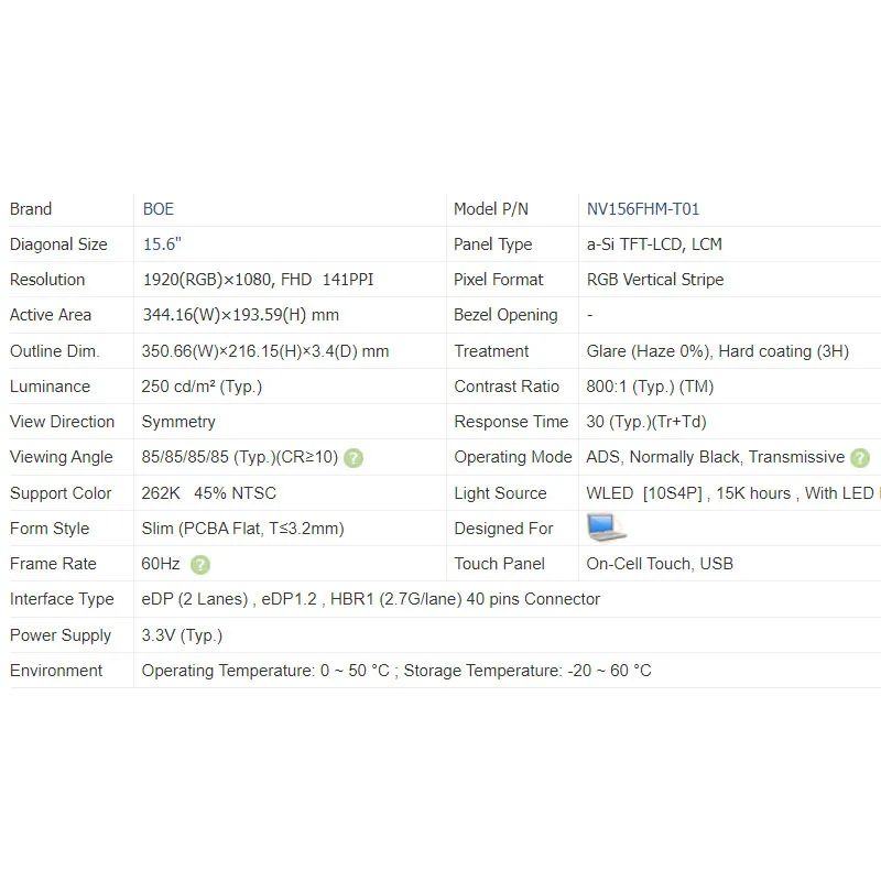 15.6&quot Slim 40 Pin Laptop Screen NV156FHM T01 NV156FHM-T01 B156HAK02.1 1920*1080 FHD IPS On-Cell Touch
