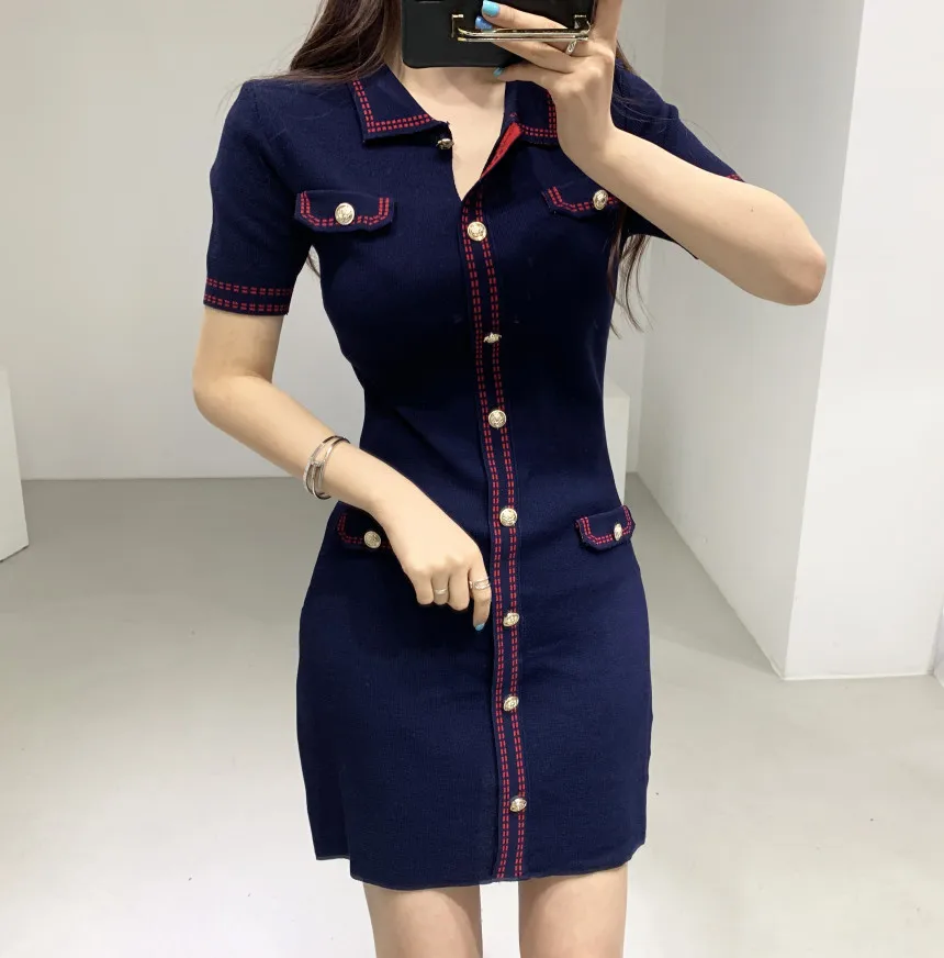 

Женское трикотажное платье-свитер, однобортное облегающее трикотажное платье с отложным воротником и коротким рукавом, в Корейском стиле, ...