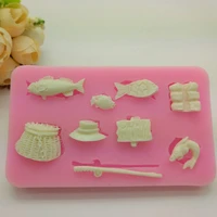 fishing gear series silicone mold fish fishing rod set fondant cake pastry chocolate mould candy biscuits molds diy baking tool