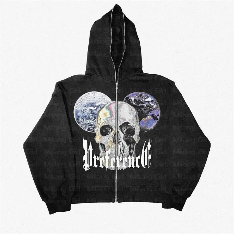 Hip Hop Joggers Sweatshirt Korean Fashion Punk Sport Coat Pullover skull graphics Gothic Long Sleeve Zip Hoodie Y2k jacket men