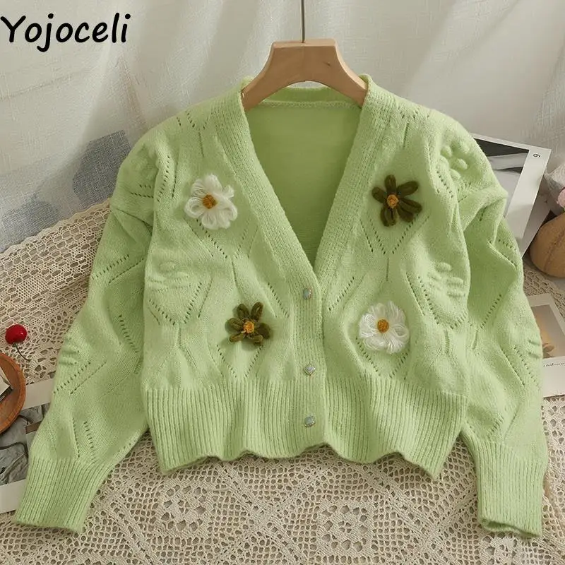 

Yojoceli Hollow out women applique knitted cardigan Autumn elegant floral sweater cardigan Winter casual knitting outerwear