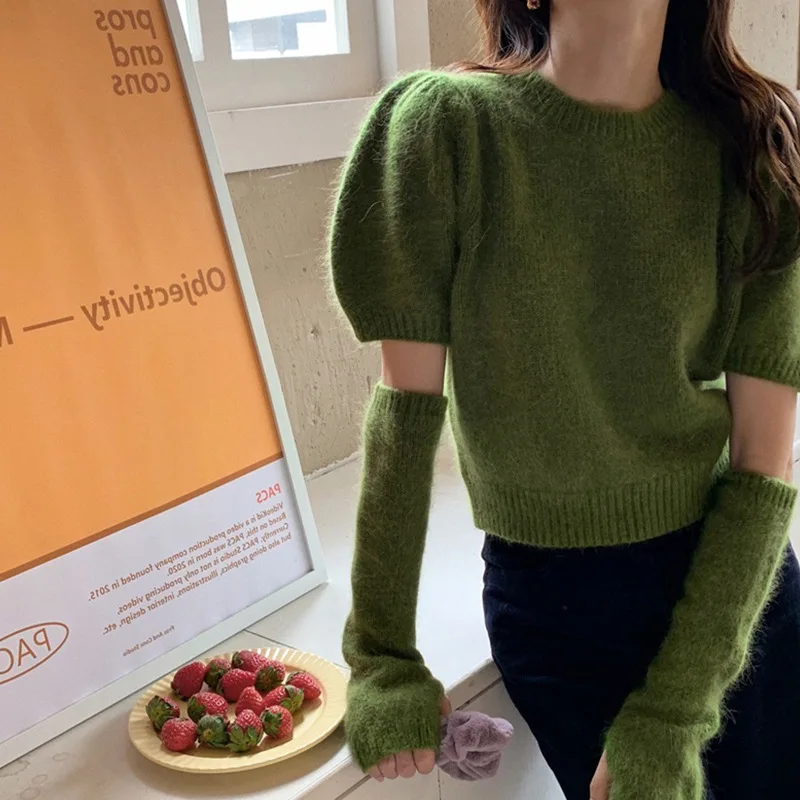 Autumn New Style Slouchy Style Age Reducing Green Knitted Short Style Design Sense Minority Sleeve Sweater Women Top