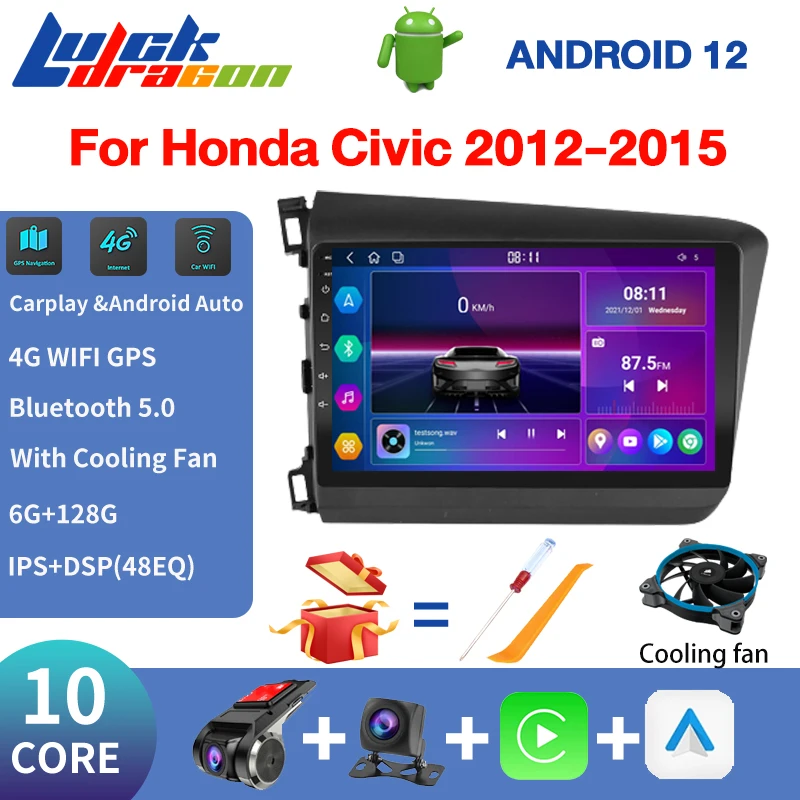 

автомагнитола 2дин android Автомобильная аудиосистема 4G 2Din для Honda Civic 2012-2015, AHD, 10 ядер, Авторадио, Bluetooth, автомобильный усилитель MP5, Android 12, мультимедийный DVD-плеер