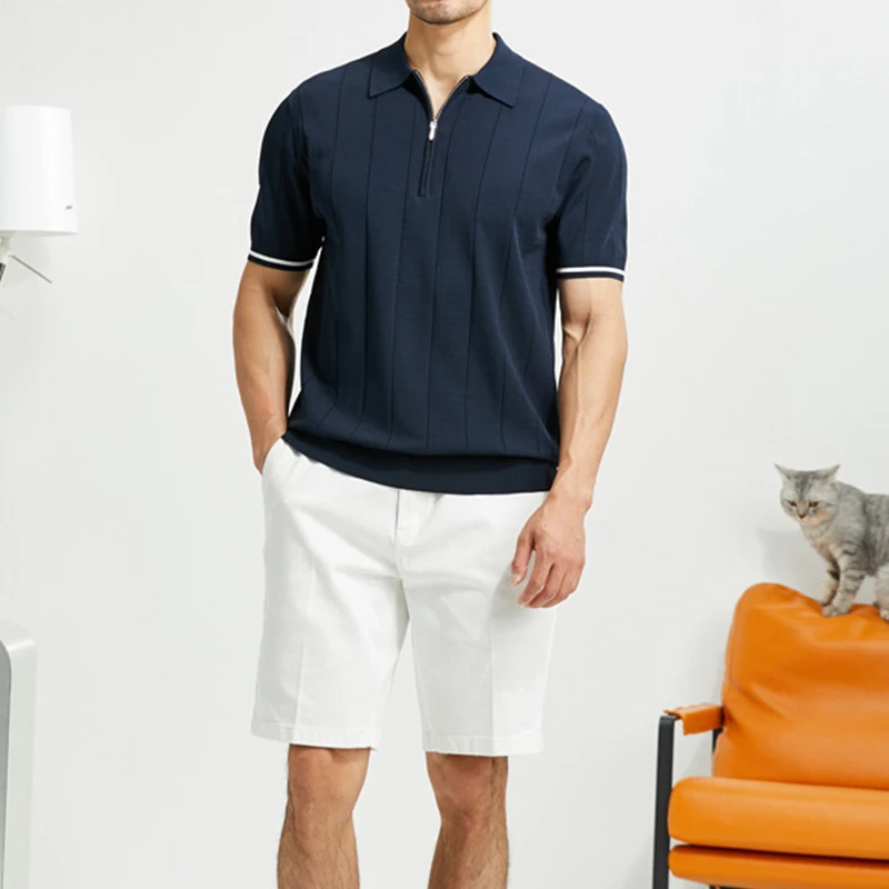 Рубашка-поло мужская однотонная модная простая вязаная кофта на молнии с