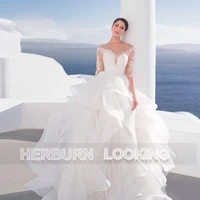 herburnl princess tulle scoop simple wedding dresses 2022 button customized lace apliques vestido robe de mari%c3%a9e