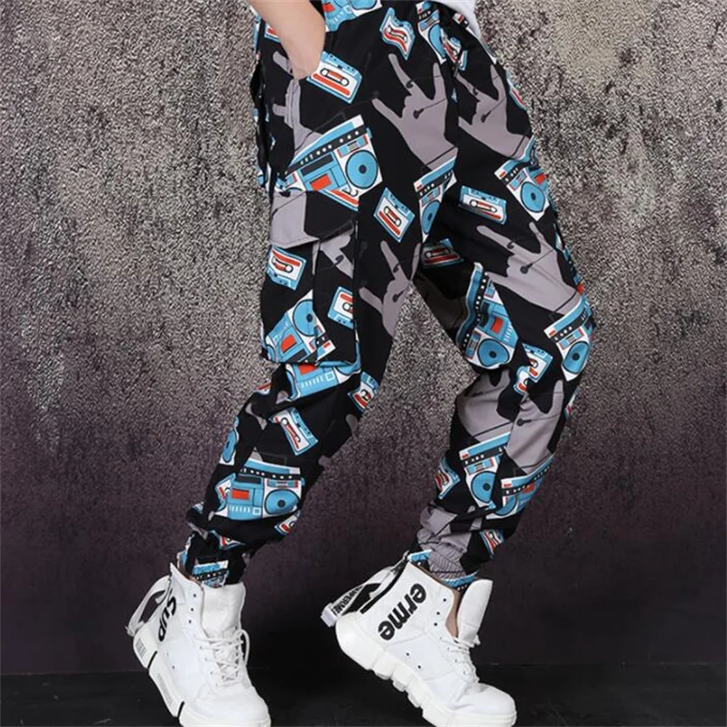 

Retro trousers mens tape recorder printed casual pants loose hip-hop overalls pencil pants trendy high street pants singer stage