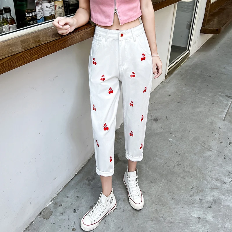 

New Summer Jeans Women Preppy Sweet Girl Cute Cherry Embroidery Denim Trousers Vinatge Washed Casual Straight Pants Plus Size
