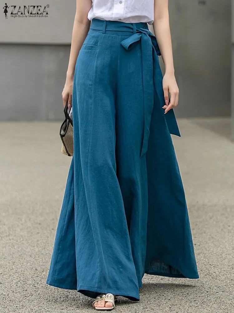 

Брюки ZANZEA женские с завышенной талией, повседневные свободные штаны с широкими штанинами, с поясом и карманами, модные праздничные черные брюки в стиле оверсайз, осень