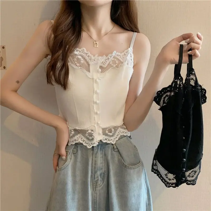 

Gaodinglan Women Sleeveless Lace Transparent Stitching Temperament Sling Vest Solid Color Expose Navel Camis Outerwear Tank Tops