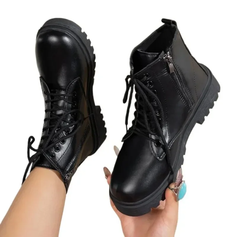 Новые туфли на платформе женские ботинки с круглым носком молнии весенне-осенние