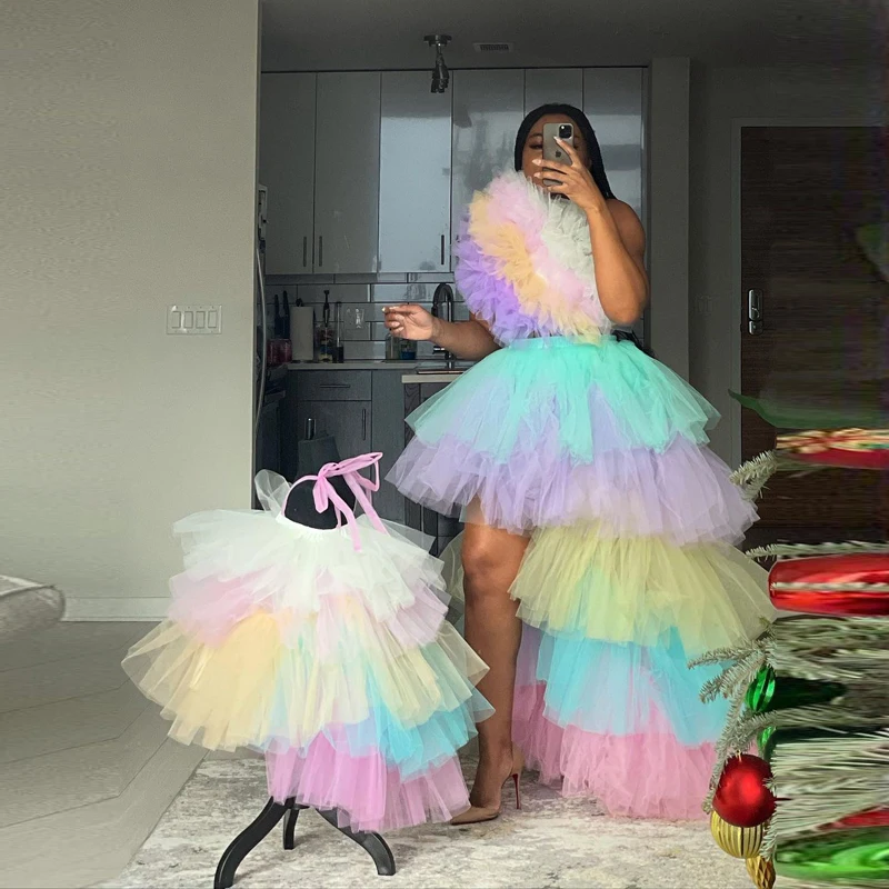 

Colorful Two Pieces Suit Mommy & Me One Shoulder Ruffled Tutu Pleated Short Top Mix Color Hi Low Tiered Ruffles Tulle Skirts