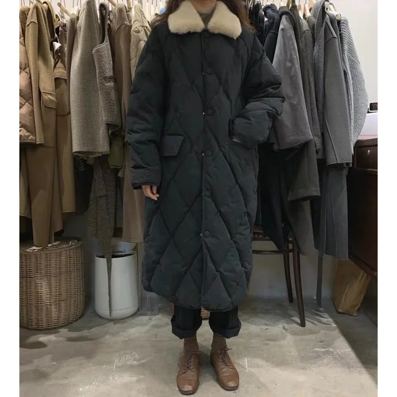 Oversize Parka Mujer Winter Clothes Women Female Warm Rhombus Pattern Fur Collar Cotton Overcoat Long Parkas Casual Thick Coats