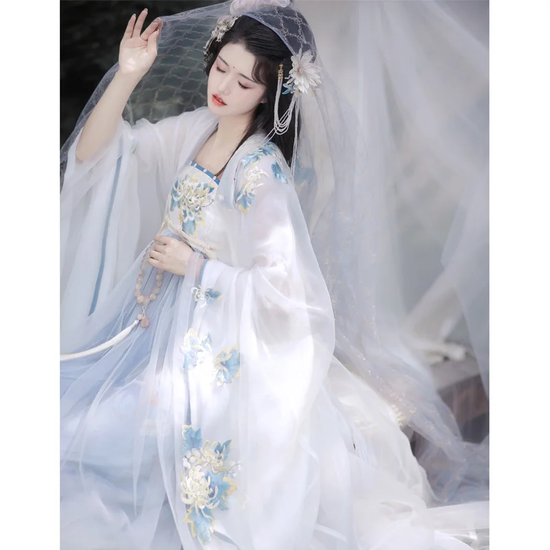

Original Chinese Ancient Style Embroidered Hanfu Elegant Fairy White Hemlock Skirt Printing Mesh Outdoor Shooting Performance