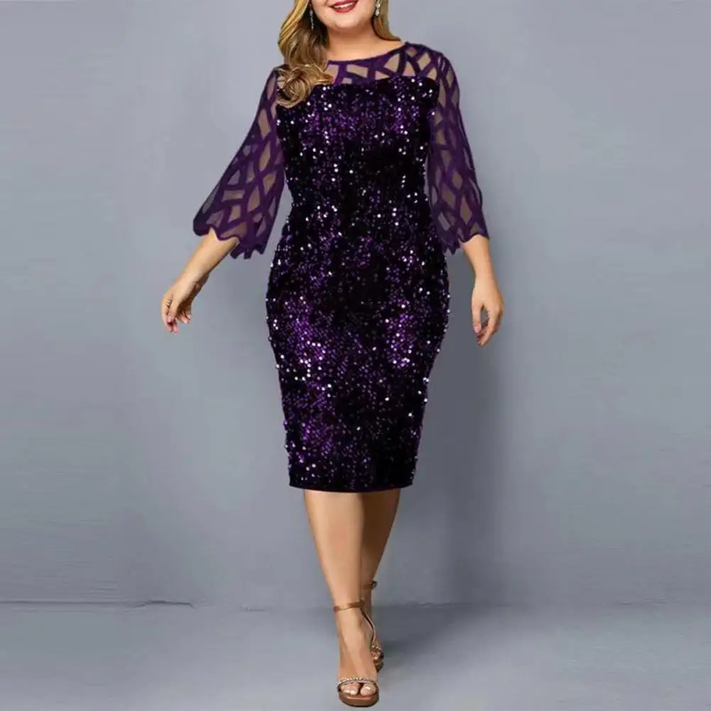 

Lady Dress Stylish Elegant O-neck Sequin Party Dress Elegant Midi Dress