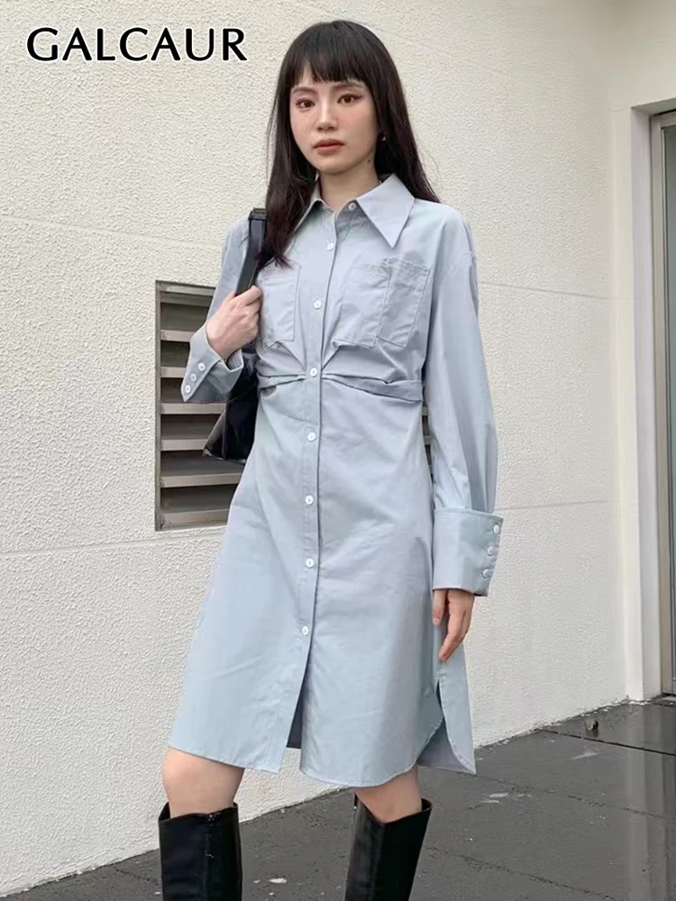 

Женское однотонное элегантное платье GALCAUR, Повседневное платье с отложным воротником, длинным рукавом, высокой талией и разрезом по бокам, л...