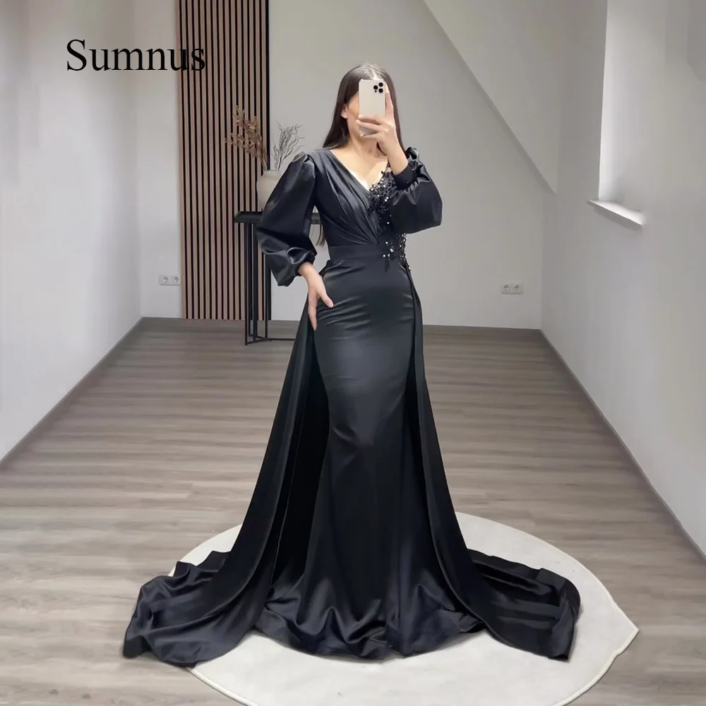 

Sumnus Saudi Arabic Black Mermaid Evening Dresses Long Sleeve Beads Mono Satin Dubai Prom Event Gowns with Skirt Party Dress
