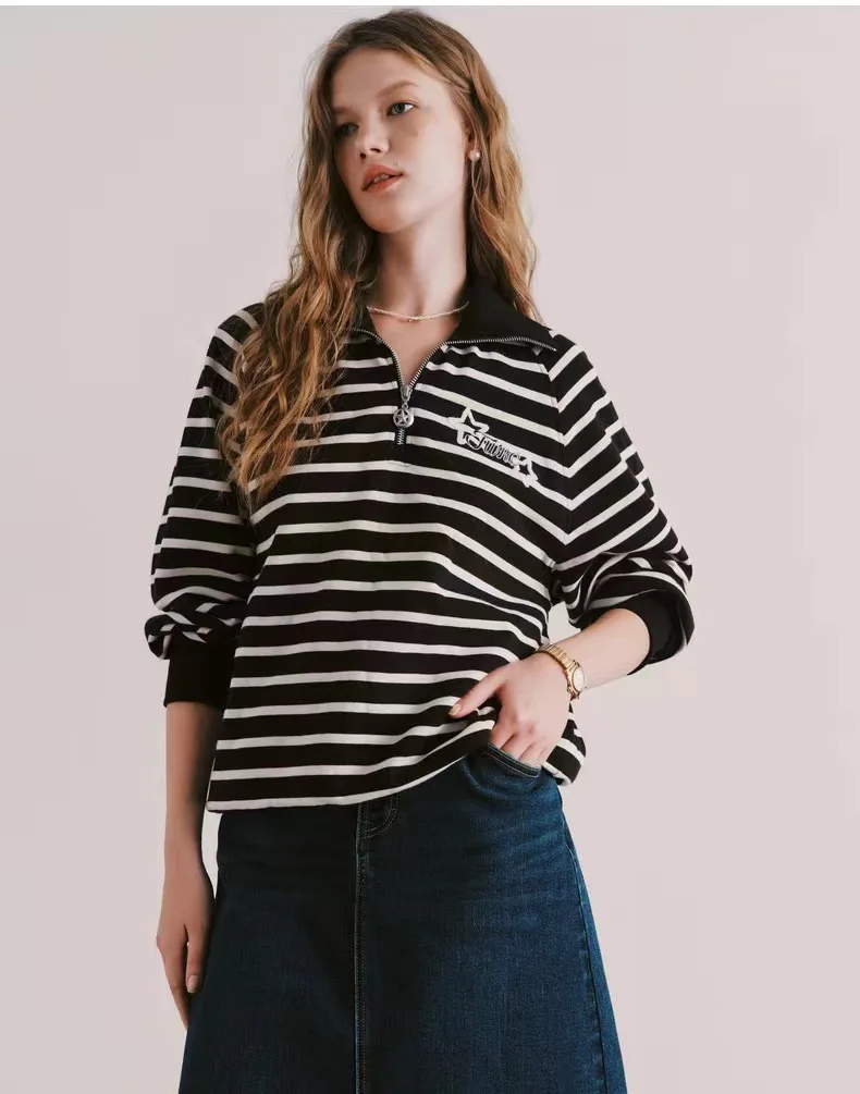 

Толстовки с воротником-поло для женщин, зимние толстые свободные повседневные топы в полоску с длинными рукавами, свитшоты, топы, одежда