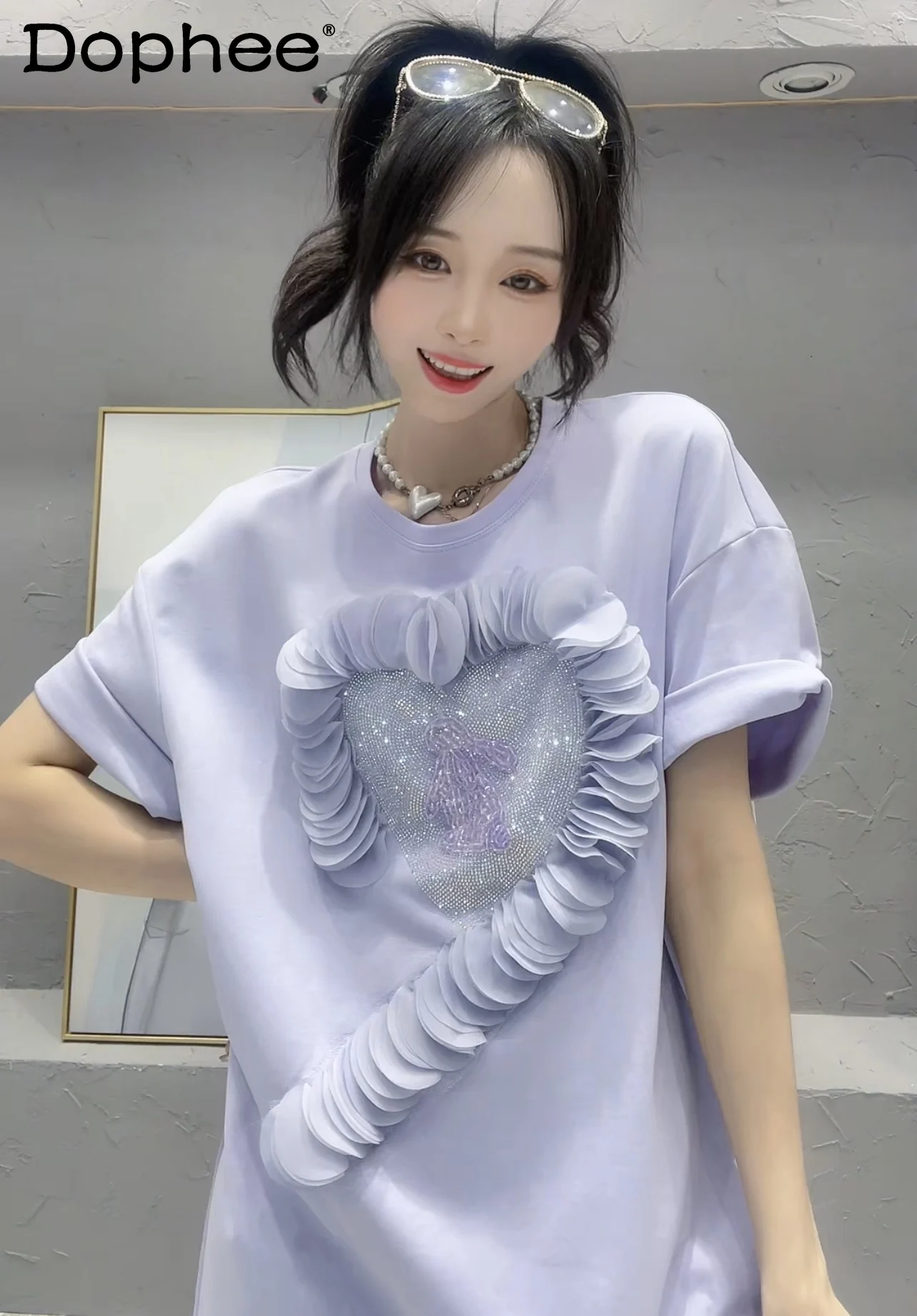 

2023 Summer New Loose Oversized T-shirt Dress Women's Sweet Cute Rhinestone Shiny Round Neck Short Sleeve Mid-Length T Shirt Top