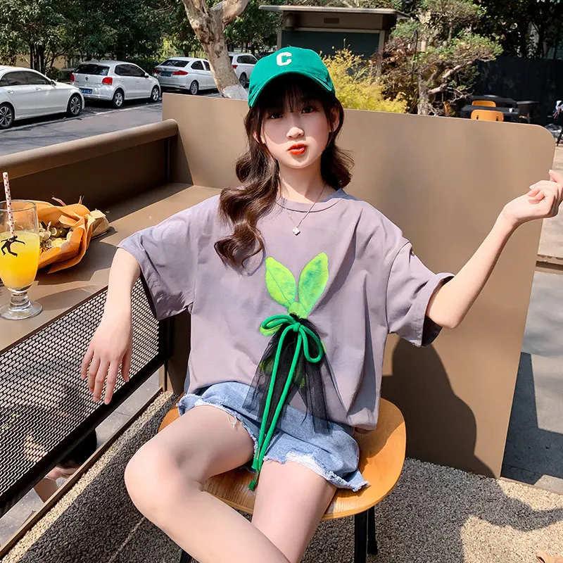 Girls Summer Fashion Clothes Set New Children's Wear Kids Loose Cotton T-shirt + Stylish Shorts Two Piece Suit For Teenager 5-14