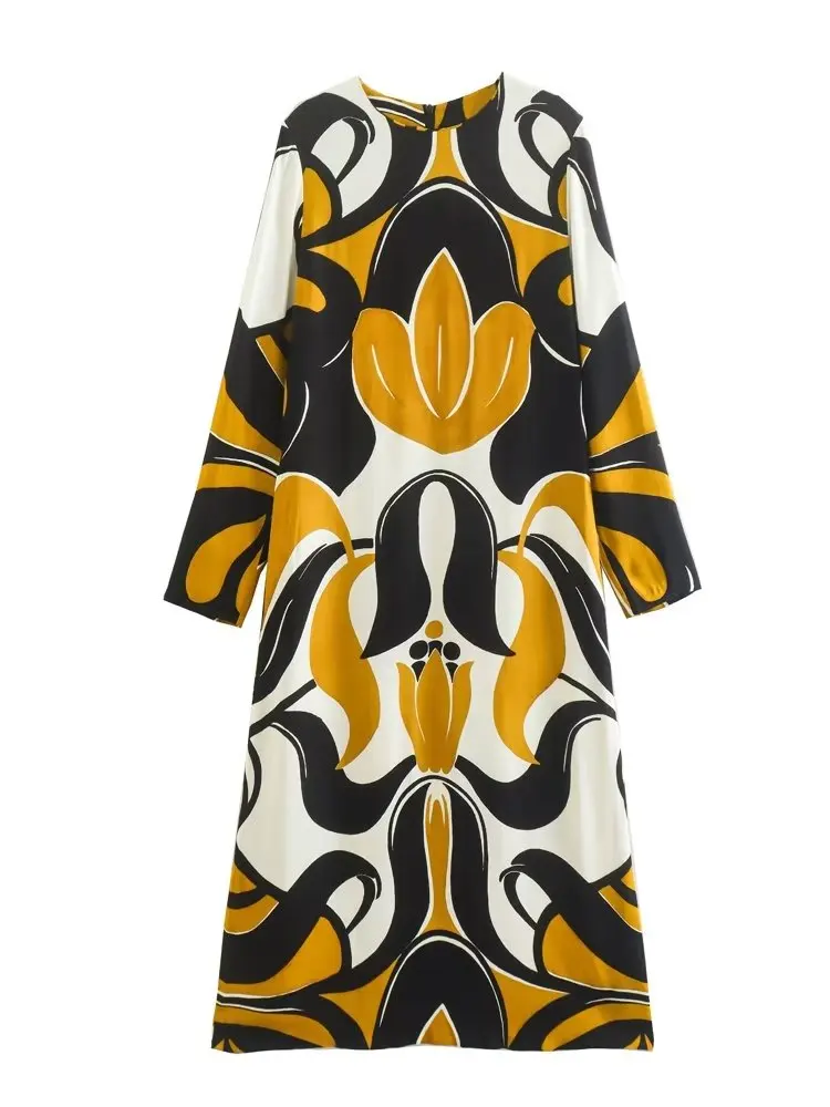 

DYLQFS 2022 осеннее женское Модное Новое винтажное платье с принтом с длинным рукавом и круглым вырезом, женское свободное миди-платье