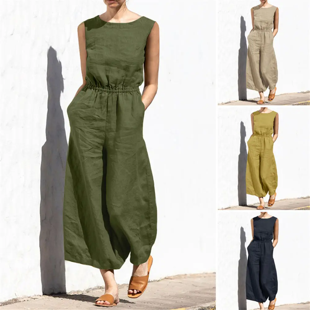 Women Vintage Jumpsuit Summer Cotton Blend Loose Sarouel Elastic Waist Plus Size 5XL Harem Pants Oversized Romper