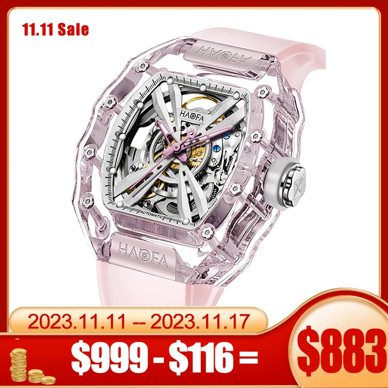 

Роскошные автоматические механические часы Haofa для девочек Прозрачные наручные часы с кристаллами водонепроницаемые светящиеся женские часы 2302