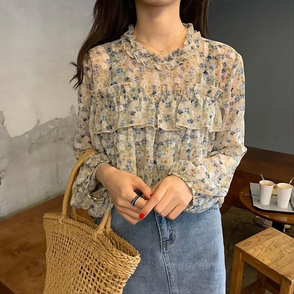 

Designer 2022 Spring Summer Female Korean Long Sleeve Top Ruffle Blouse Floral Chiffon Cold Shoulder Shirt