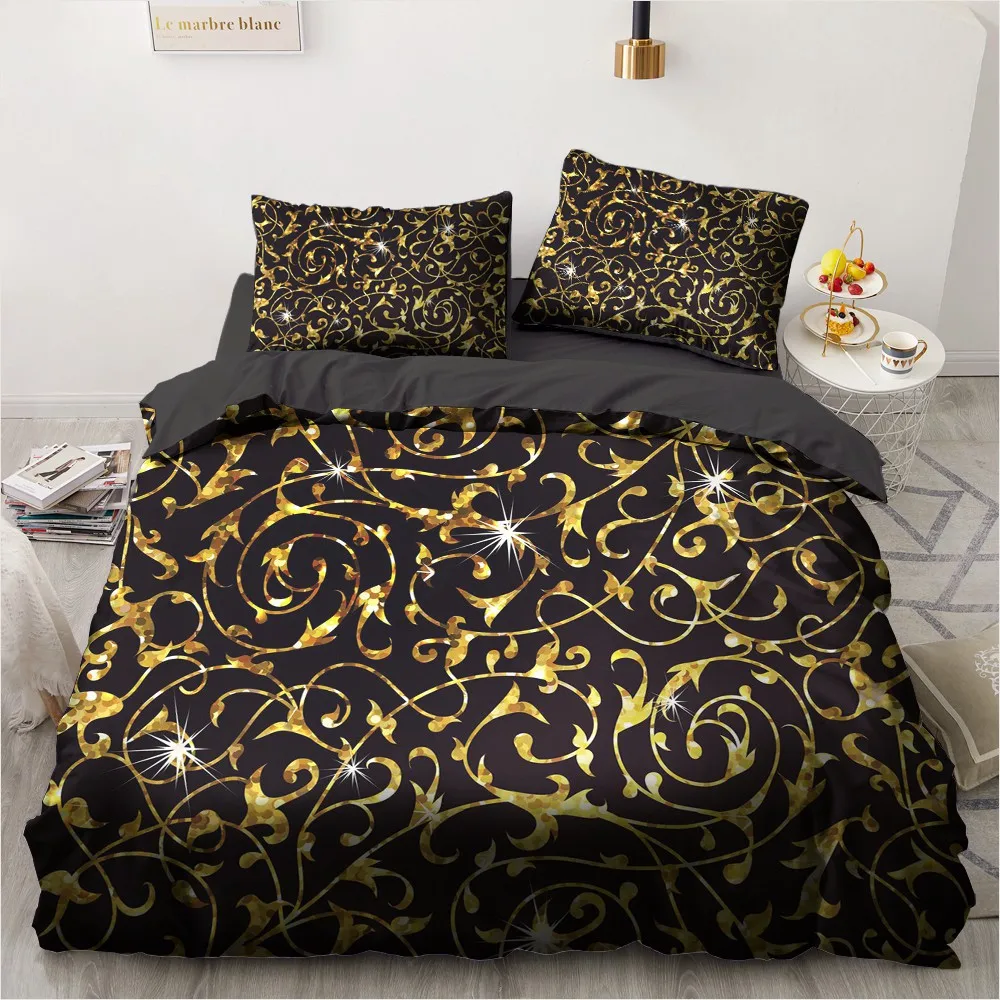 

European Style Bedding Set Golden Floral Print Quilt Cover 2/3pcs 220x240 Queen King Size Adults Bedclothes Bed Linen(NO Sheet)