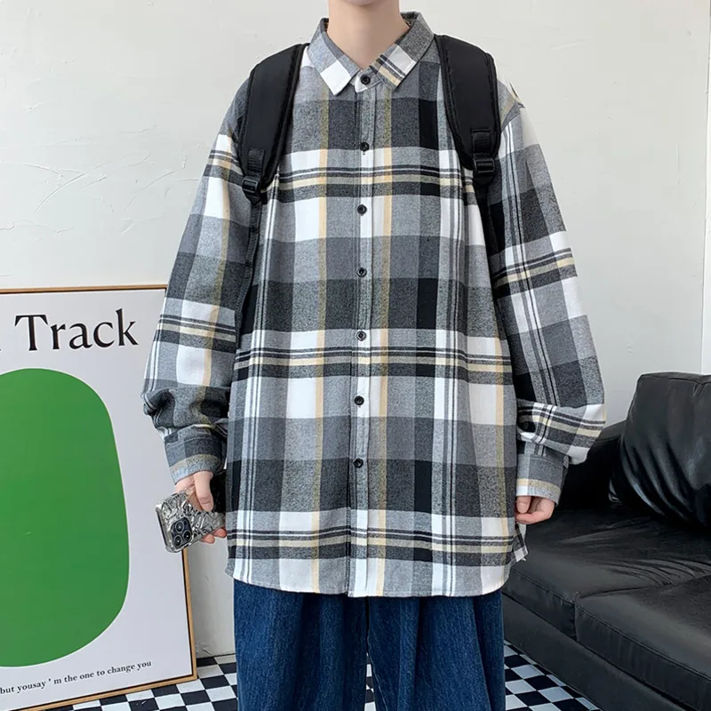 Autumn Plaid Shirt Men Fashion 4-color Retro Casual Shirt Men Streetwear Loose Long Sleeve Shirt Mens Large Size M-5XL