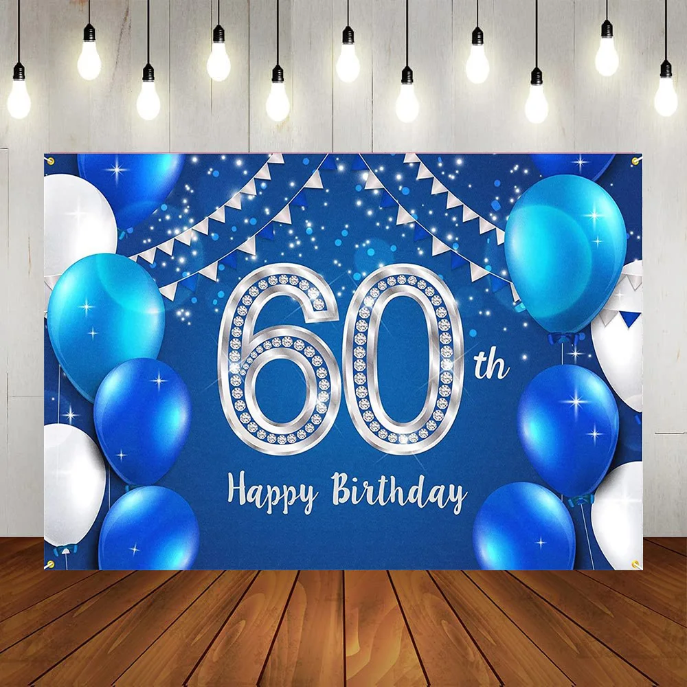 

Happy 60th Birthday Party Backdrop Decoration Blue Balloon Twinkling Photography Booth Background Sixty 60 Year Old Anniversary