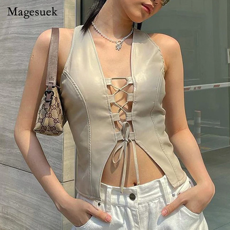 

Летний женский облегающий топ из искусственной кожи, Y2K