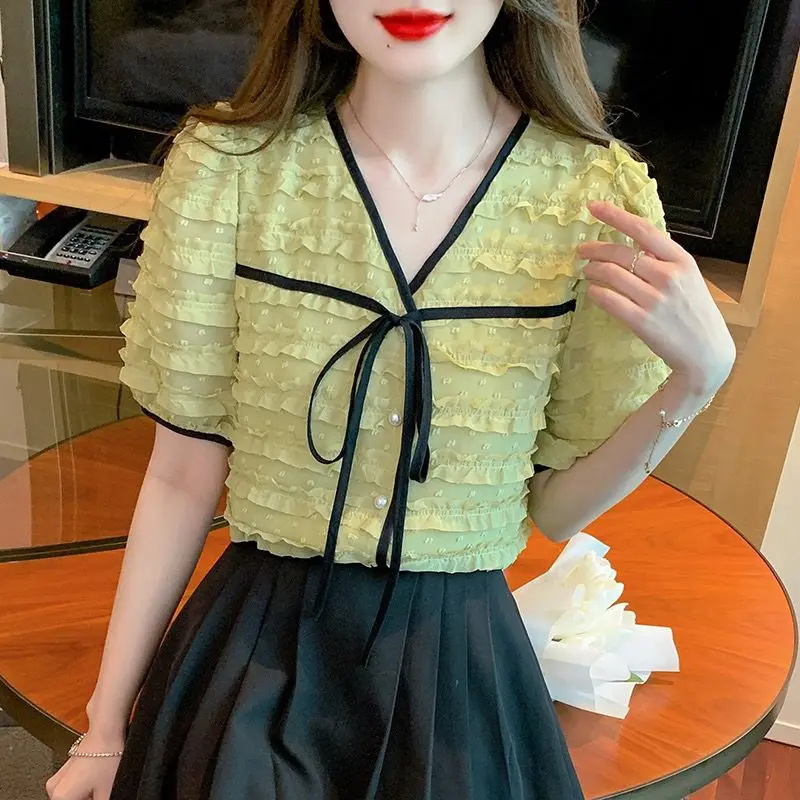 

Women's Clothing Sweet All-match Spliced V-Neck Blouse Summer Fashion Korean Solid Color Perspective Chiffon Shirt For Female