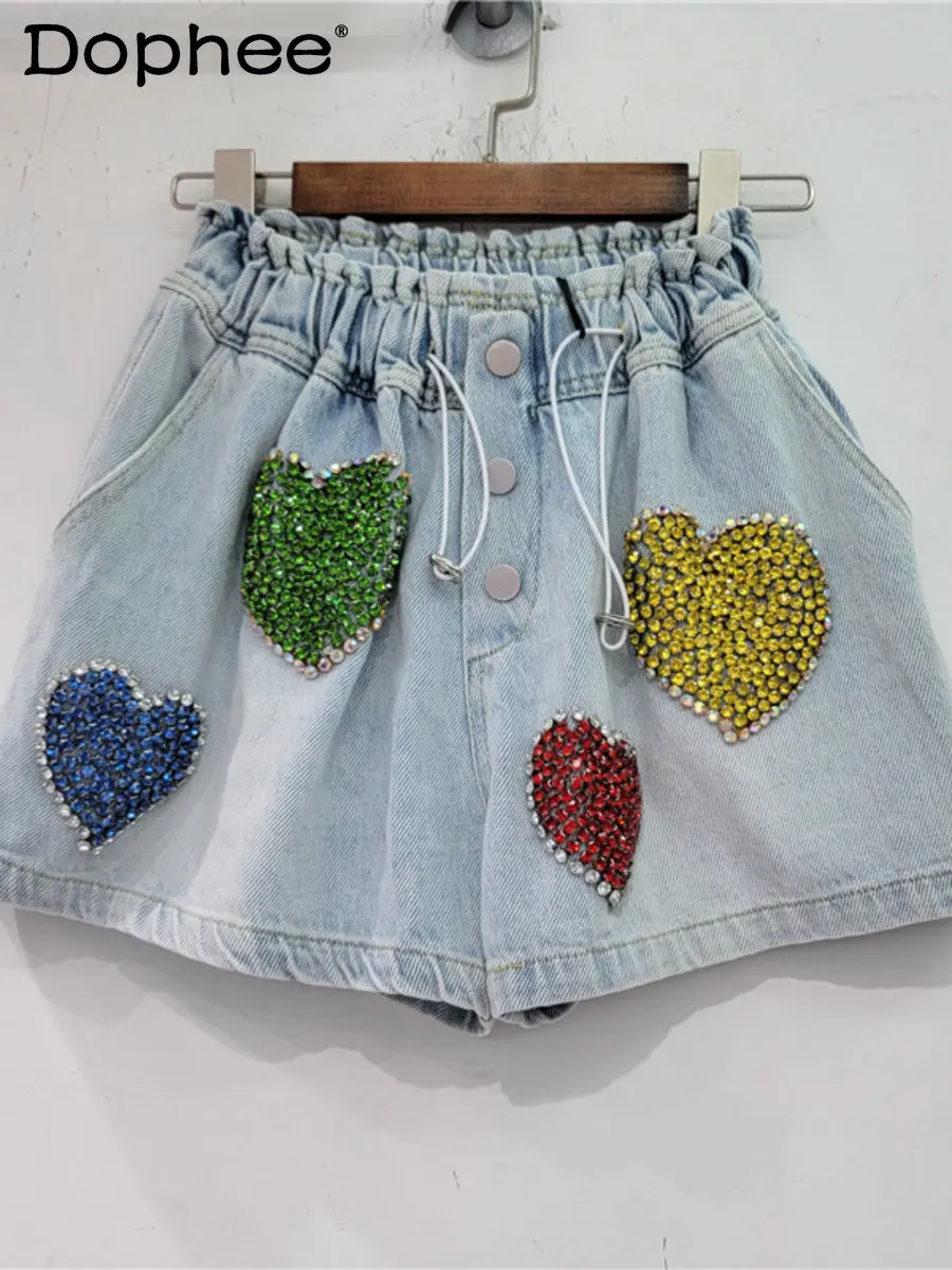 

High Street Exquisite Rhinestone Love Beaded Elastic High Waist Jeans Shorts Women Loose Slimming Denim Shorts Summer Hot Pants