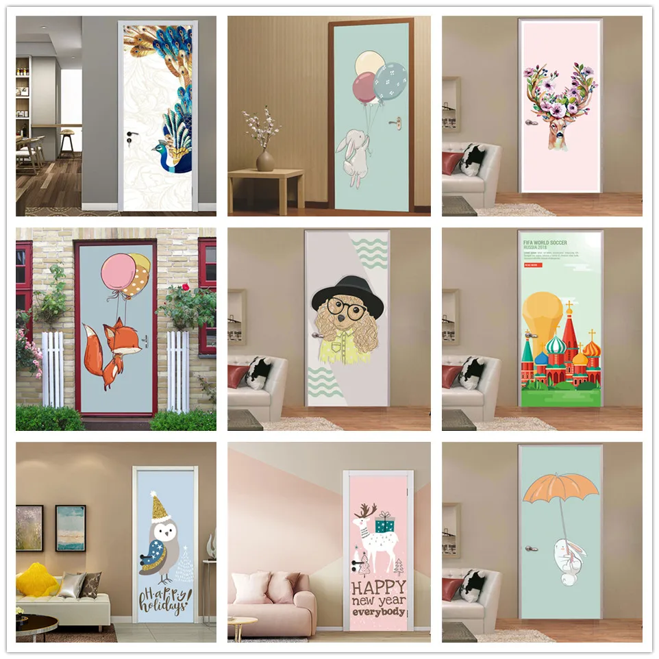 

Ins Cartoon Sticker on the Doors Vinyl Self-adhesive Waterproof Wallpaper Removable DIY Mural Decals Home Decor Animals Posters