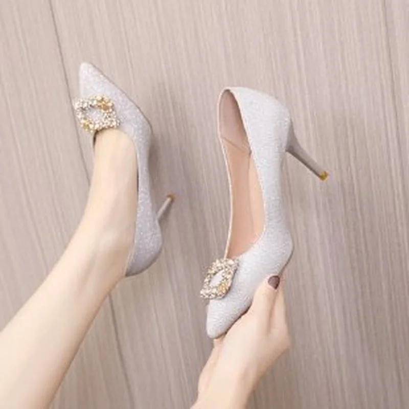 

Женские туфли на высоком каблуке, универсальные Удобные однотонные Туфли-шпильки цвета шампанского с острым носком, 2022