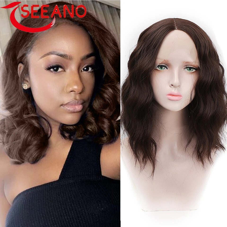 

SEEANO Synthetic Lace Front Wig Natural Black Brown Black Plus Brown Lace Closed Forehead T Part Wig Black Female Bob Short Wig