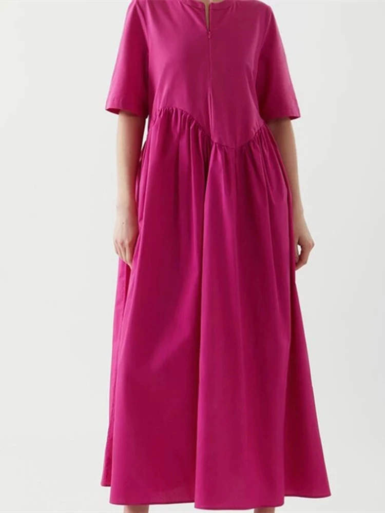 

2 Colors Women O-Neck Pleated Stitching Midi Dress O-neck Simple Ladies Short Sleeve Casual Long Robes 2022 Spring New