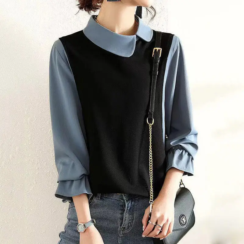 

Retro Women's T Shirt Turn Down Collar Fake 2pcs Lady Clothes Summer Long Sleeve Tees Female Harajuku Streetwear Blouse A818