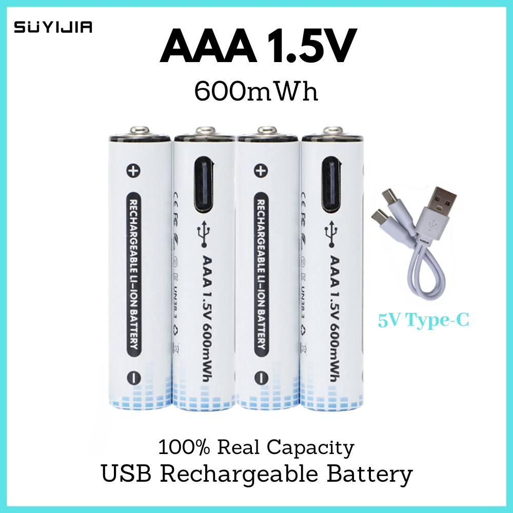 

1.5V AAA 600mWh USB Rechargeable Battery Learning Machine Lithium Battery Type-C Fast Charge Toys Remote Controller Battery