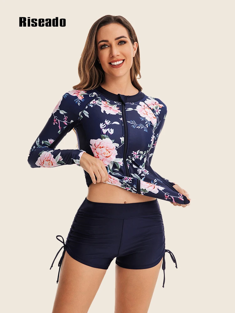 

Женский купальник Rashguard, спортивный купальник из двух частей, женский купальный костюм с длинным рукавом, купальные костюмы с цветочным при...
