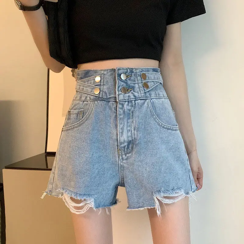 

Women 2022 Summer Casual High Waist Denim Shorts Female Pocket Tassel Hole Ripped Jeans Shorts Femme Fashion Shorts J41