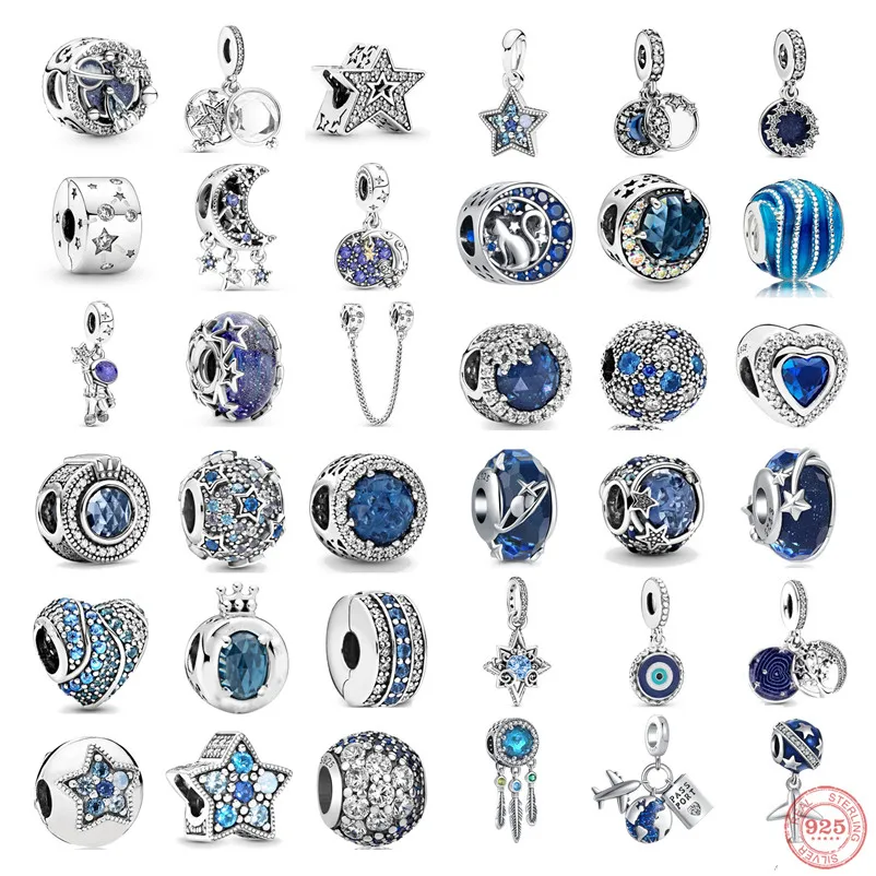 

100%925 Sterling Silver Fit Pandora Bracelet Charm Jewelry DIY Blue Clip Bead Galaxy Starry Sky Series Pendant Women Moon Dangle